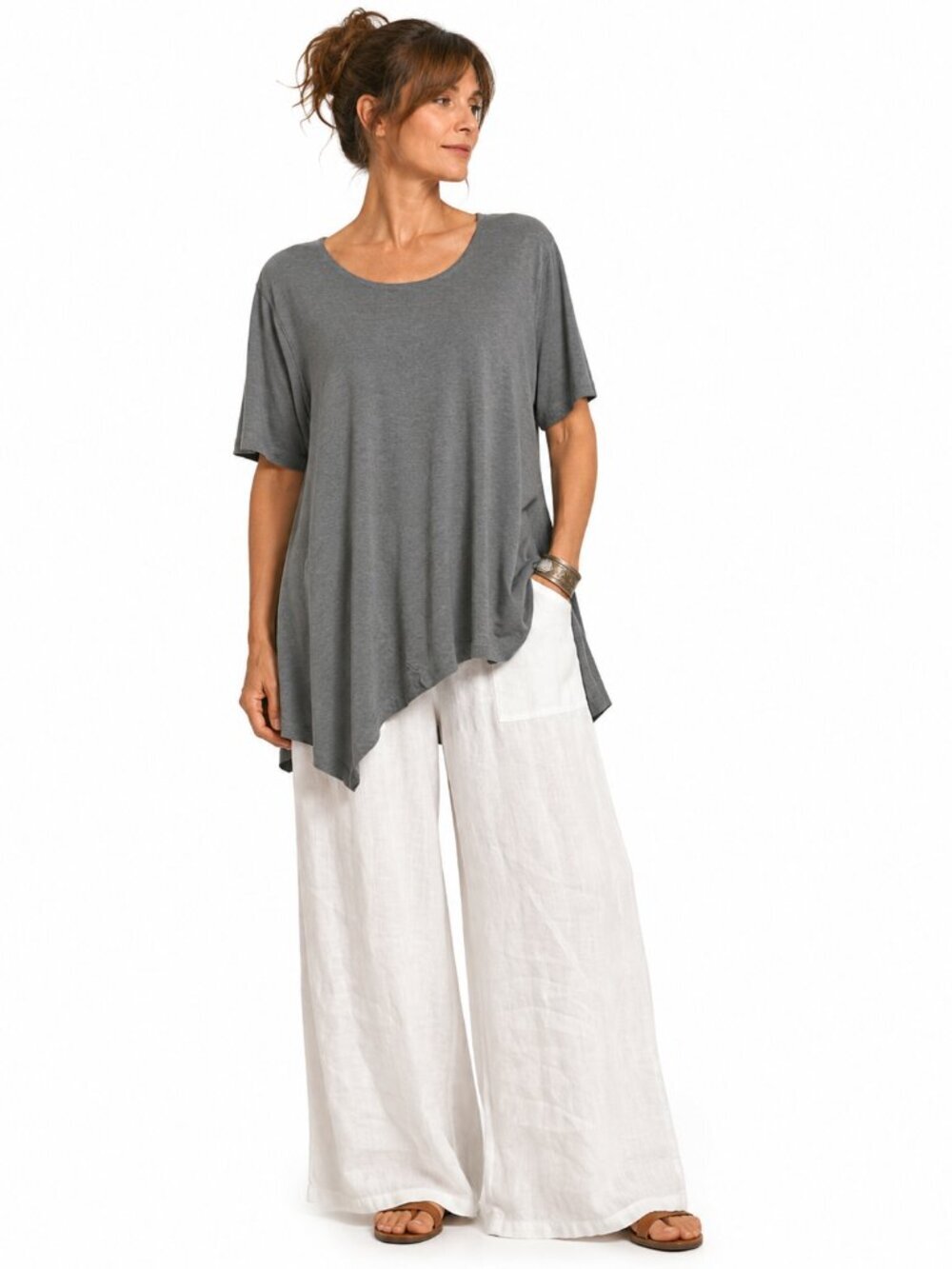 Bryn Walker Jessie Tunic Gray Short Sleeve Rayon Spandex Lagenlook Travel Size S